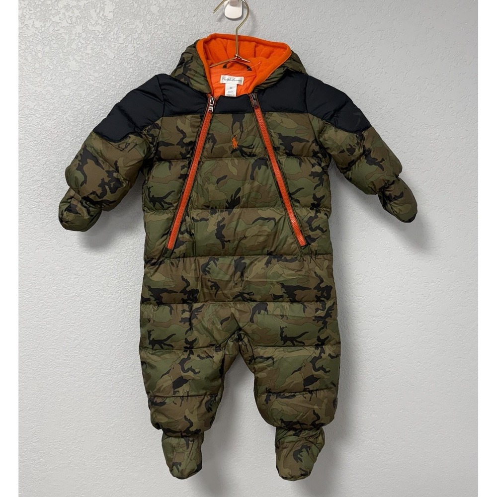 NWT Polo Ralph Lauren Down Fill Bunting Snowsuit 6m Camo/ Orange Gloves Boots